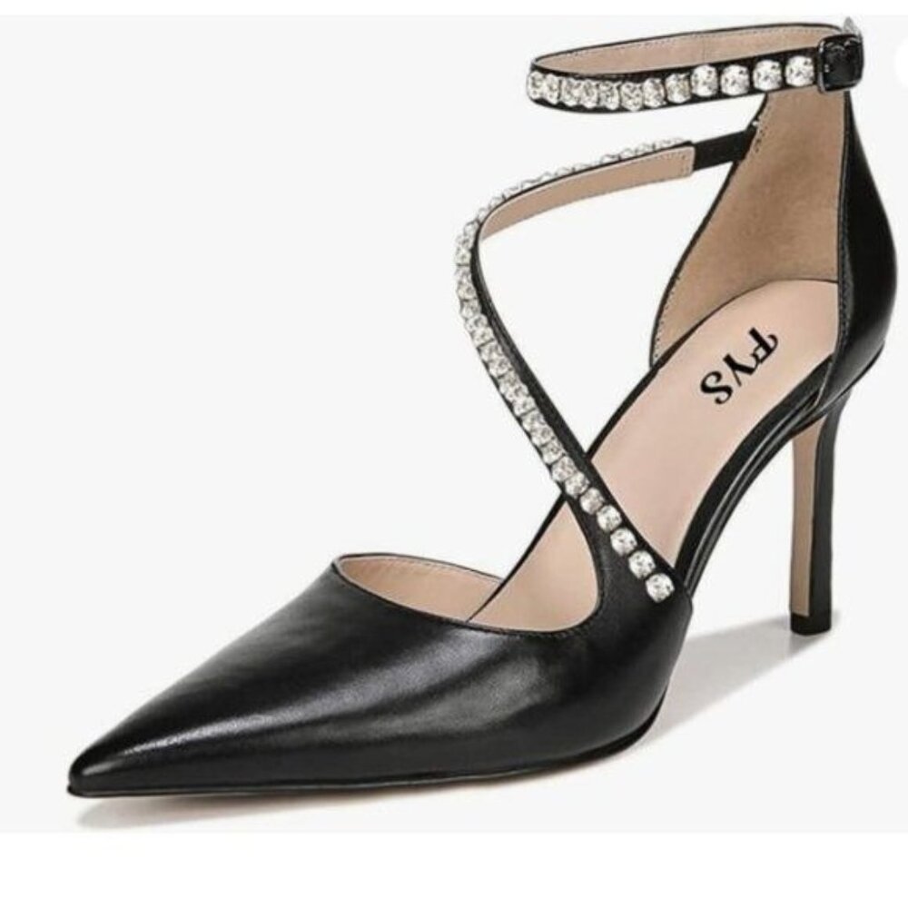 FYS Black Rhinestone Studded Strap Pumps Ankle Strap High Heels Pointed Toe Shoe